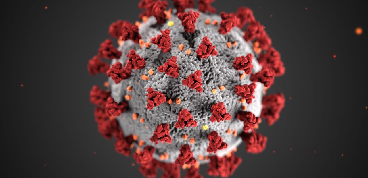 Detailed illustration of coronavirus structure with red spike proteins.