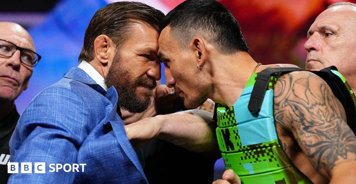 McGregor throws Holloway's glasses during UFC 329 face-off