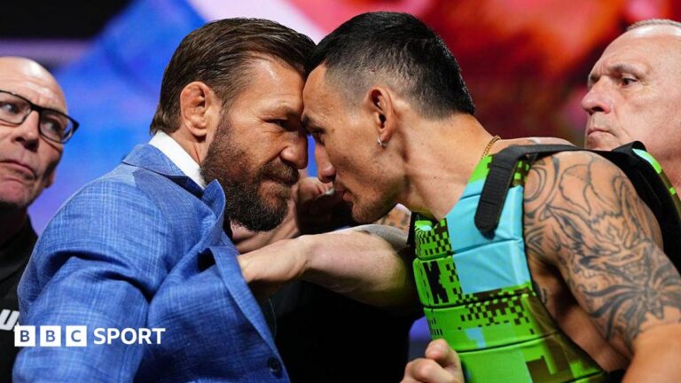 McGregor throws Holloway's glasses during UFC 329 face-off