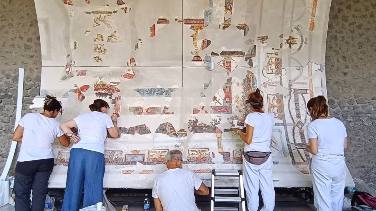 Pompeii archaeologists reconstruct frescoed ceiling of banquet hall